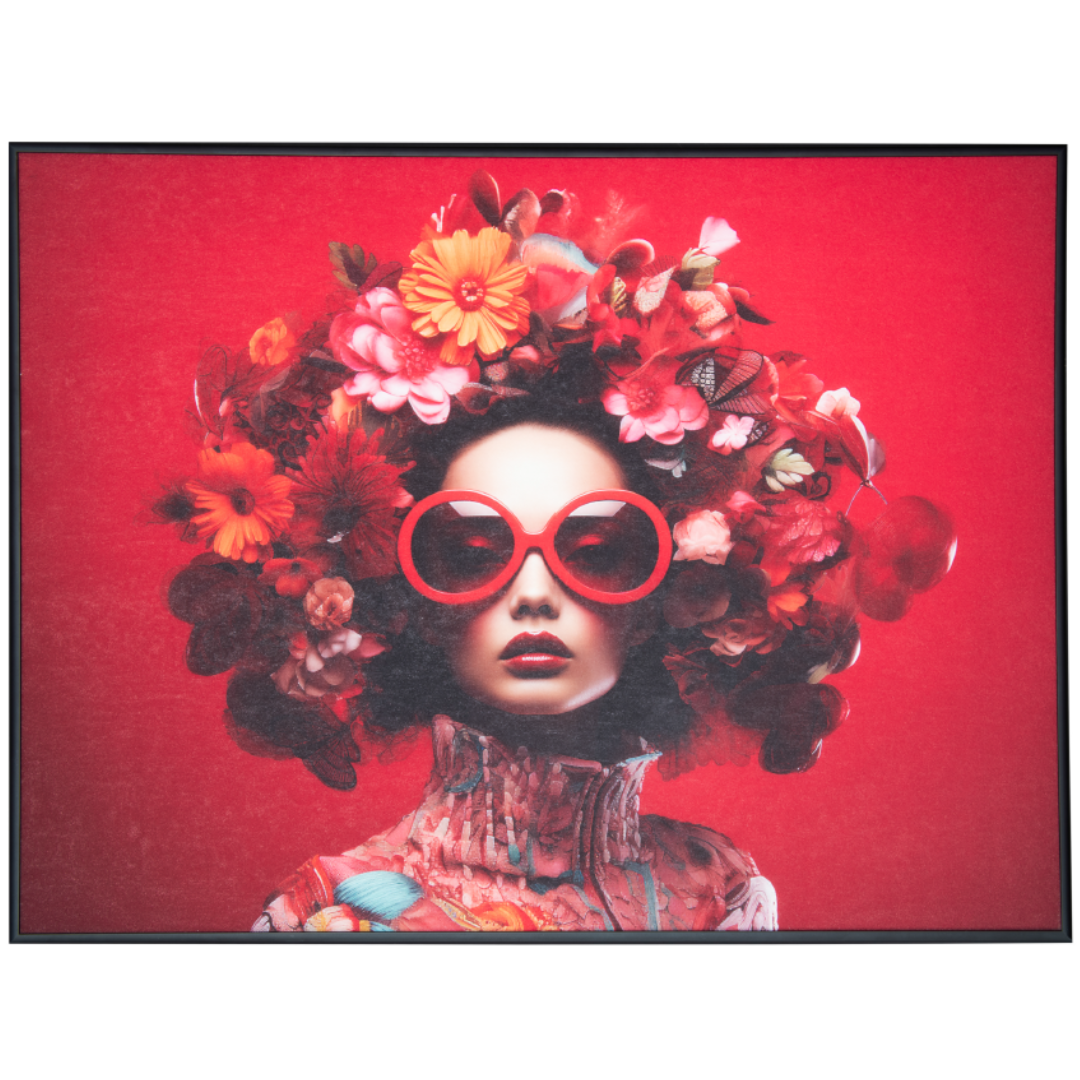 Artistic depiction of a woman with flowers in her hair and red sunglasses against a red background